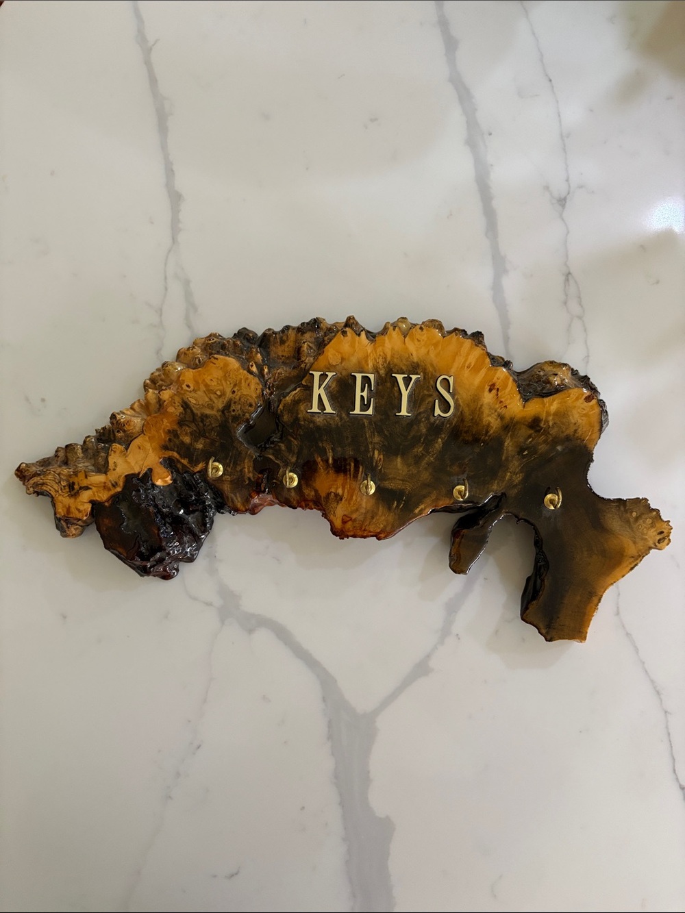 1970s Burl Wood Key Holder with Brass Hooks